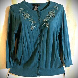 Womens apostrophe Button Up Blouse w/Beading & Sequins SZ LG (12-14) Turquoise